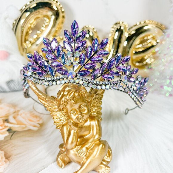 Purple Gemstone Wedding Tiara Headband for Women, Purple Rhinestone Leaf Crown - Picture 5 of 6